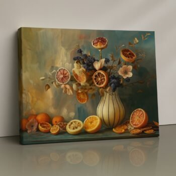 Citrus Vase Symphony still life canvas wall art by Artfy Canvas – citrus kitchen décor.