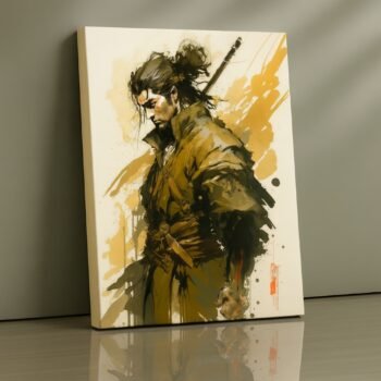 Samurai canvas painted with golden brush splashes.
