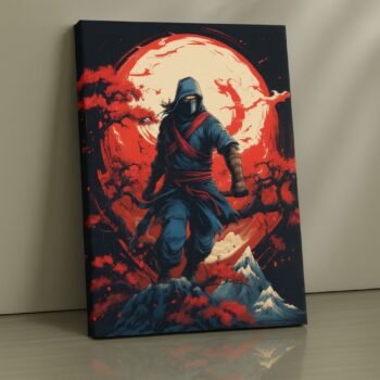 Masked ninja beneath a glowing scarlet moon print