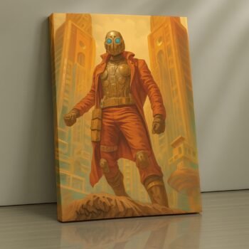 Weathered mech warrior in industrial ruins print