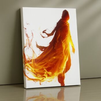 Fiery hooded sorcerer surrounded by golden flame arcs print