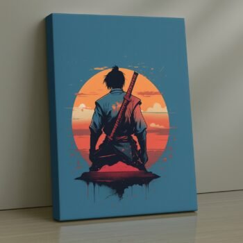 Hooded ninja resting beneath bright crimson moon print