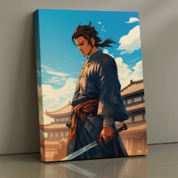 Calm samurai practicing with sword at sunrise print
