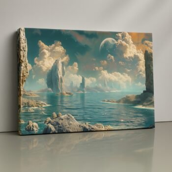 Dreamlike ocean scene with towering rocks and a celestial sky print