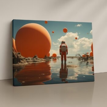 Astronaut standing in a red desert with planet print
